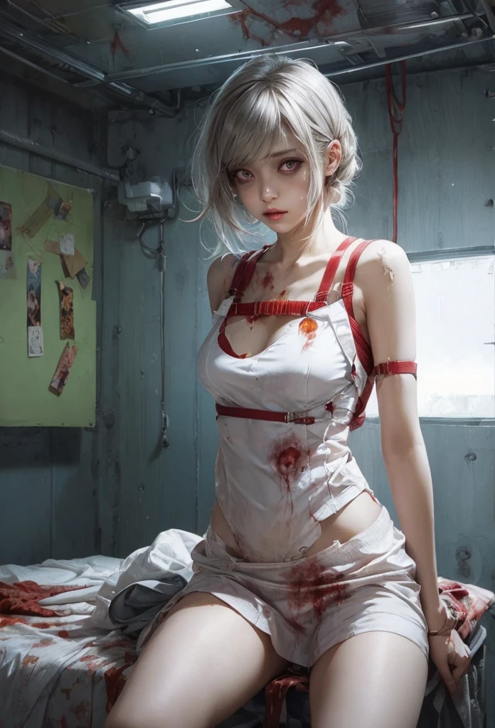 (Detailed illustrations,Very detailed and detailed drawing,Delicate lines with slow and rapid,Realistic texture expression),[Color tressed main line],Inorganic concrete room[Night Hospital],(Japan adult female[28 year old](Zombie Nurse))Hair put together [SKINNY((Small breasts))][pale skin](sickly look),[[bandaged]Bondage Fashion],[Return blood],(Fine and beautiful skin expression [Transparency]),[完璧な目のdetaileds (Iris beautifully drawn in every detail)[Jewel-like eyes]],[long and beautiful eyelashes],[Meticulously drawn hair],(完璧な手のdetaileds [Beautiful fingers without breakdowns [Beautiful nails]]),(Perfect Anatomy(Perfectly proportioned))[[Full body like]],[Ideal color coordination(Accurate simulation of light-material interactions)],([Precision Detail](detaileds,high-detail)),[[Pale and gentle colors]][Visual art that conveys a sense of narrative] [[Eros in the Natural Body]].