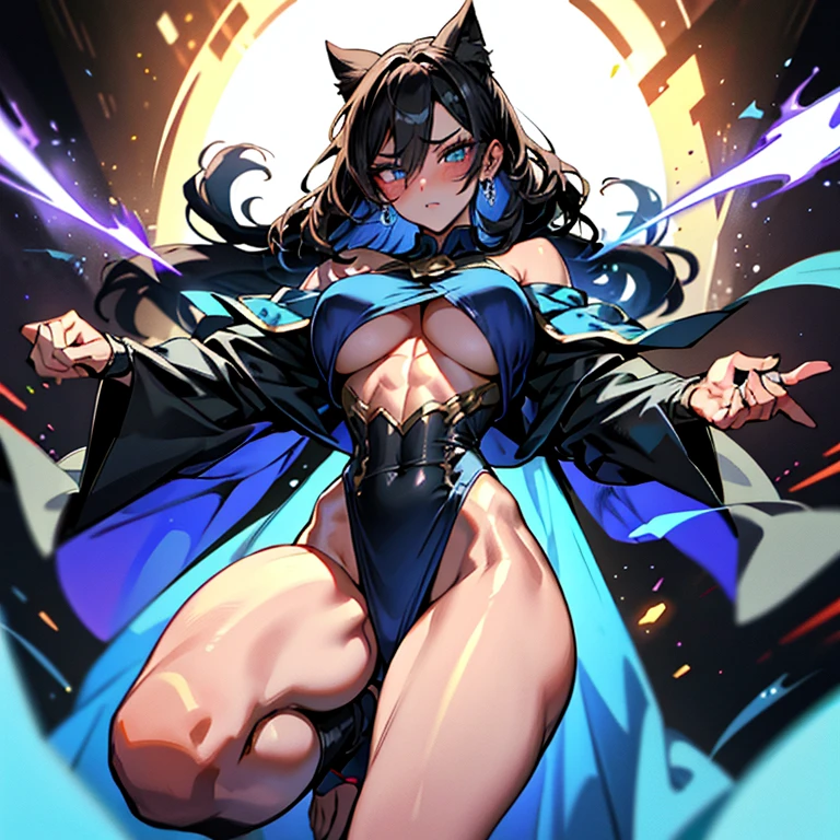 great quality, (1 woman), very focused face, diamond face, perfect eyes, (wearing mage robe), mage robe, strong shadows, full body, detailed face, (casting spell), blue flashes of light, in battle, detailed abs, shinying eyes, (masterpiece), direct light, underlight, strong jaw, (large boobs), massive ass, thick thighs, (long torso), wide waist, skinny torso, fit, perfect face, sexy, (blushing),
