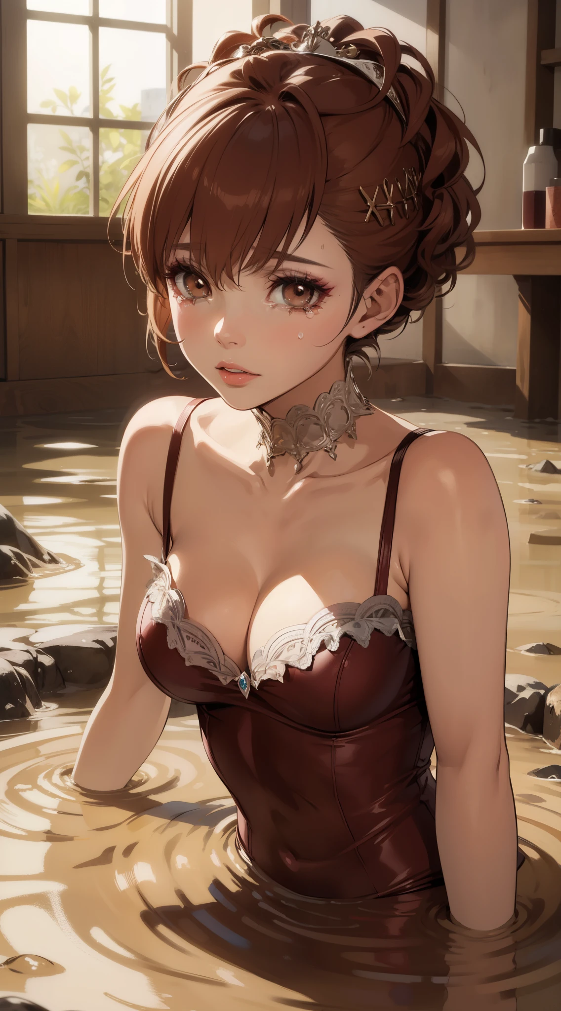 kotone, detailed lighting, beautiful, illustration, highly detailed, absurdres, looking at viewer, beautiful detailed eyes, makeup, glossy lips, lips parted, tears, crying, ballerina, leotard, cleavage, tutu, (quicksand:1.3)