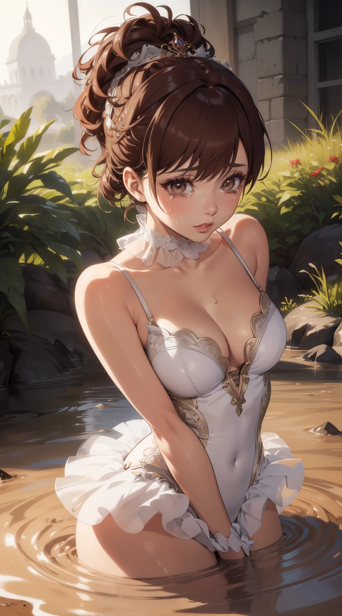 kotone, detailed lighting, beautiful, illustration, highly detailed, absurdres, looking at viewer, beautiful detailed eyes, makeup, glossy lips, lips parted, tears, crying, ballerina, leotard, cleavage, tutu, (quicksand:1.3)