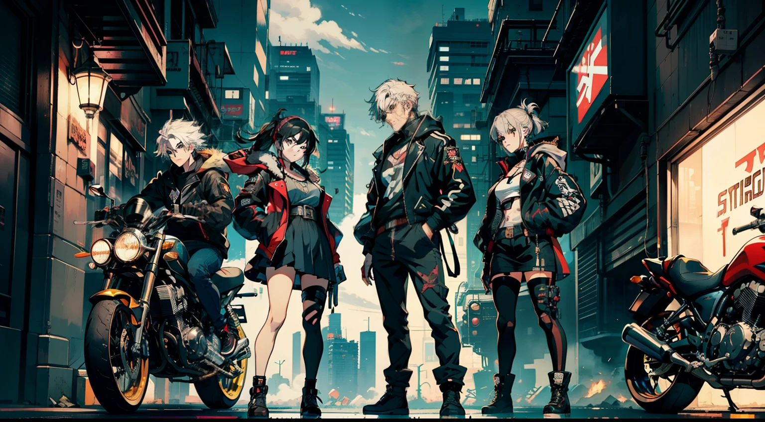 cyberpunked、girl with、mechanic、comical、Anime style、Gray and dark hair、motor bikes、Rider Jacket、punk coloring、sity、ナイトsity、group、street fighter、Gladiator