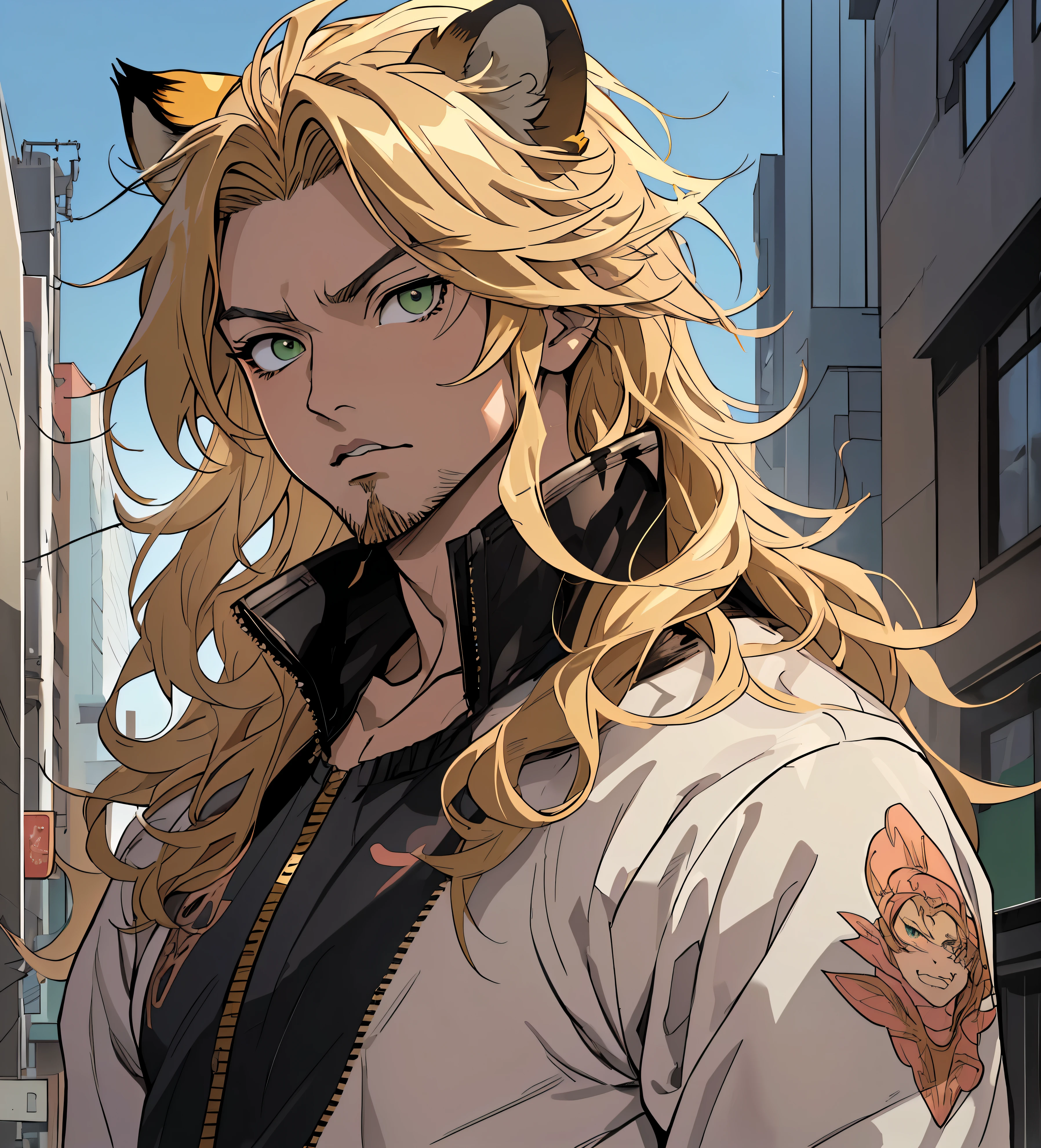 ((Hirohiko Araki style)), One male, lion ears, long hair, blond, blond hair, green eyes, tall, muscular, black bomber jacket, beautiful face, ((highest quality)), ((masterpiece)), 2d, ((anime)), (perfect face), ((highest detail)), feline eyes, stubble, lion tail, wavy hair, cowboy shot, intricate details, (city background), ((solo)),