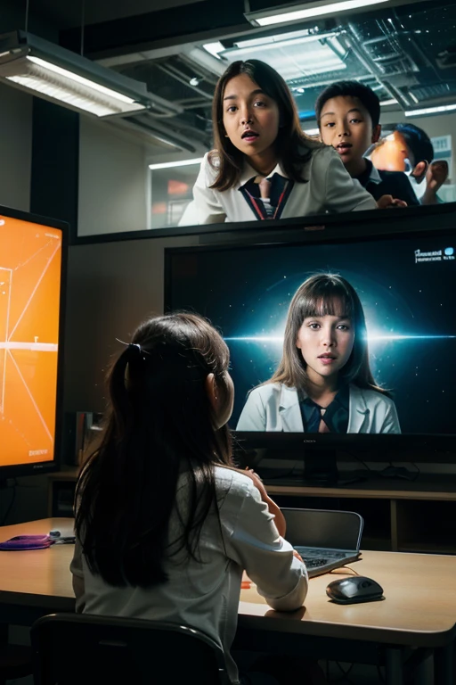 In a brightly lit classroom, a group of children engage in an animated dialogue with AI on a large monitor. The room is filled with a futuristic vibe, with several other monitors displaying intricate neural networks. Standing close by, a teacher holds a pointer, emphasizing key points to the students. The scene exudes an atmosphere of curiosity and technological exploration. The art medium used is a finely detailed illustration that captures the children's expressions, the teacher's guidance, and the futuristic setting. The image quality is of the highest standard, with sharp focus and vivid colors, resembling a breathtaking masterpiece. The color palette leans towards lively and vibrant hues, evoking a sense of youthful energy and enthusiasm. The lighting is carefully designed, casting a soft glow on the faces of the children and the teacher, highlighting their interactions with the AI.