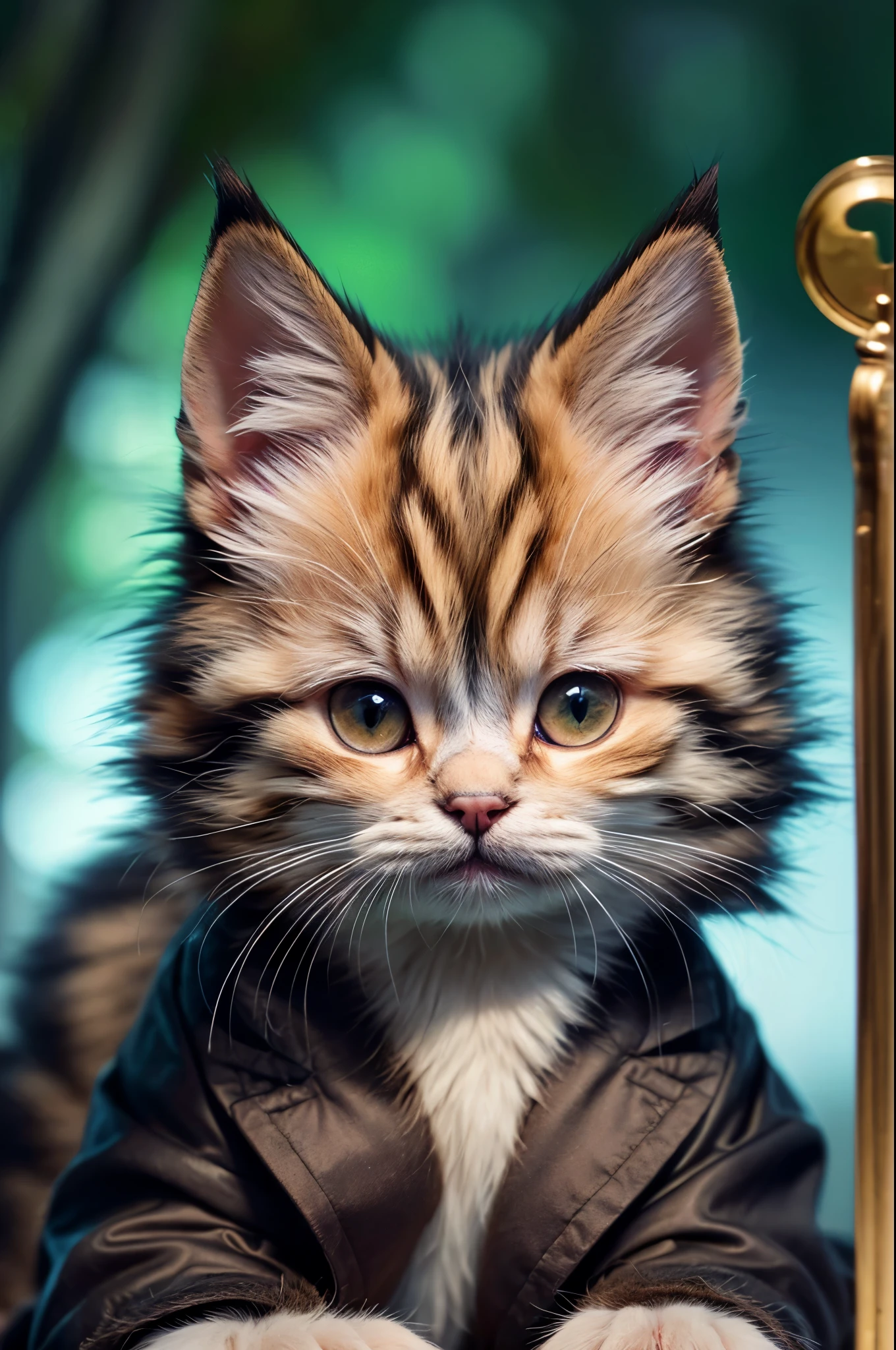 (8K, Raw photography, Best Quality, masterpiece: 1.2), high-definition RAW color photography, Professional Photography, Realistic coat,Norwegian Forest cat,an adorable kitten,White fur from the mouth down,Red hair from the nose up and black striped pattern,Sharp face,old library, detective outfit, inspecting with a magnifying glass, low angle view