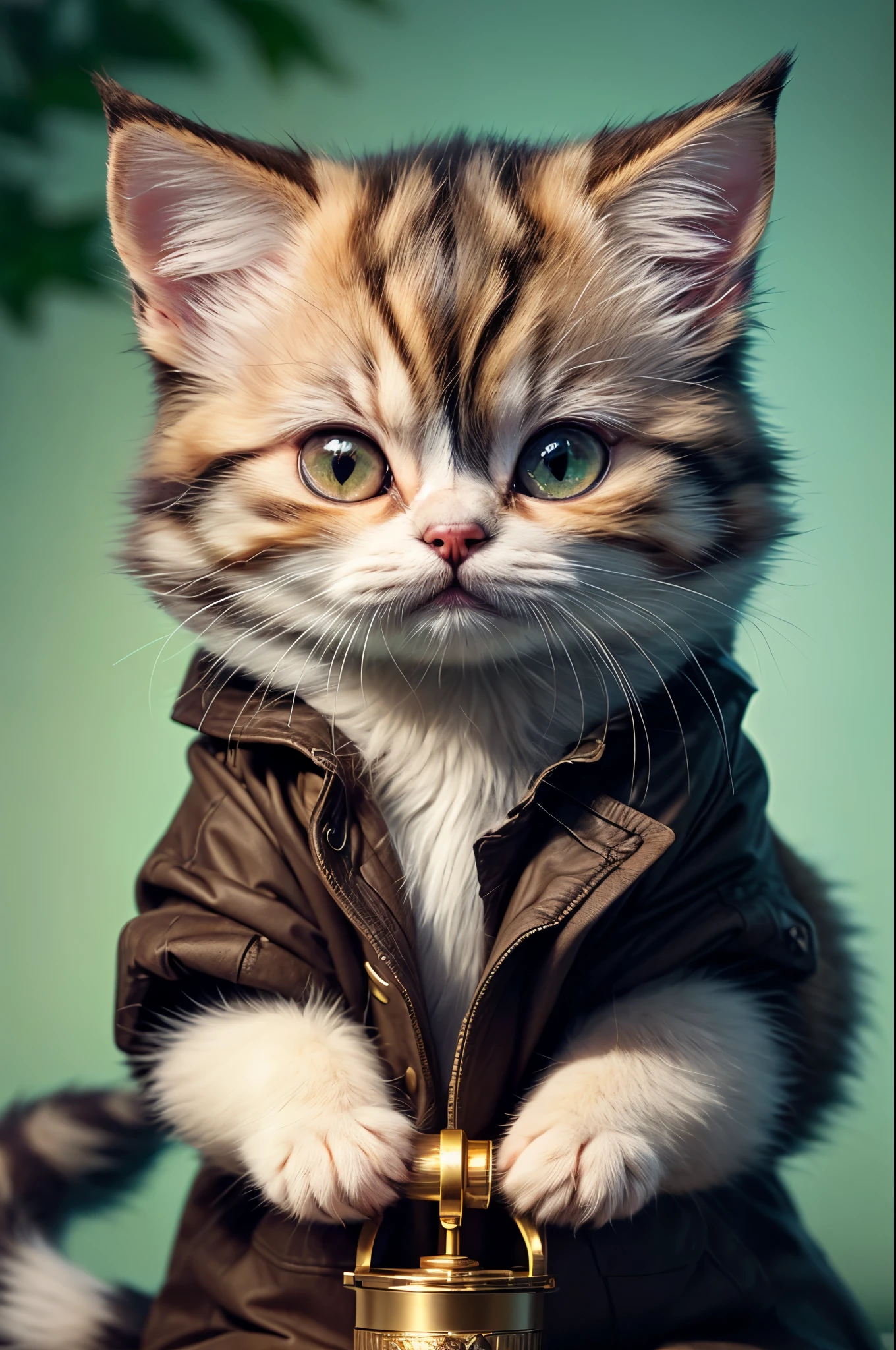 (8K, Raw photography, Best Quality, masterpiece: 1.2), high-definition RAW color photography, Professional Photography, Realistic coat,Norwegian Forest cat,an adorable kitten,White fur from the mouth down,Red hair from the nose up and black striped pattern,Sharp face,old library, detective outfit, inspecting with a magnifying glass, low angle view