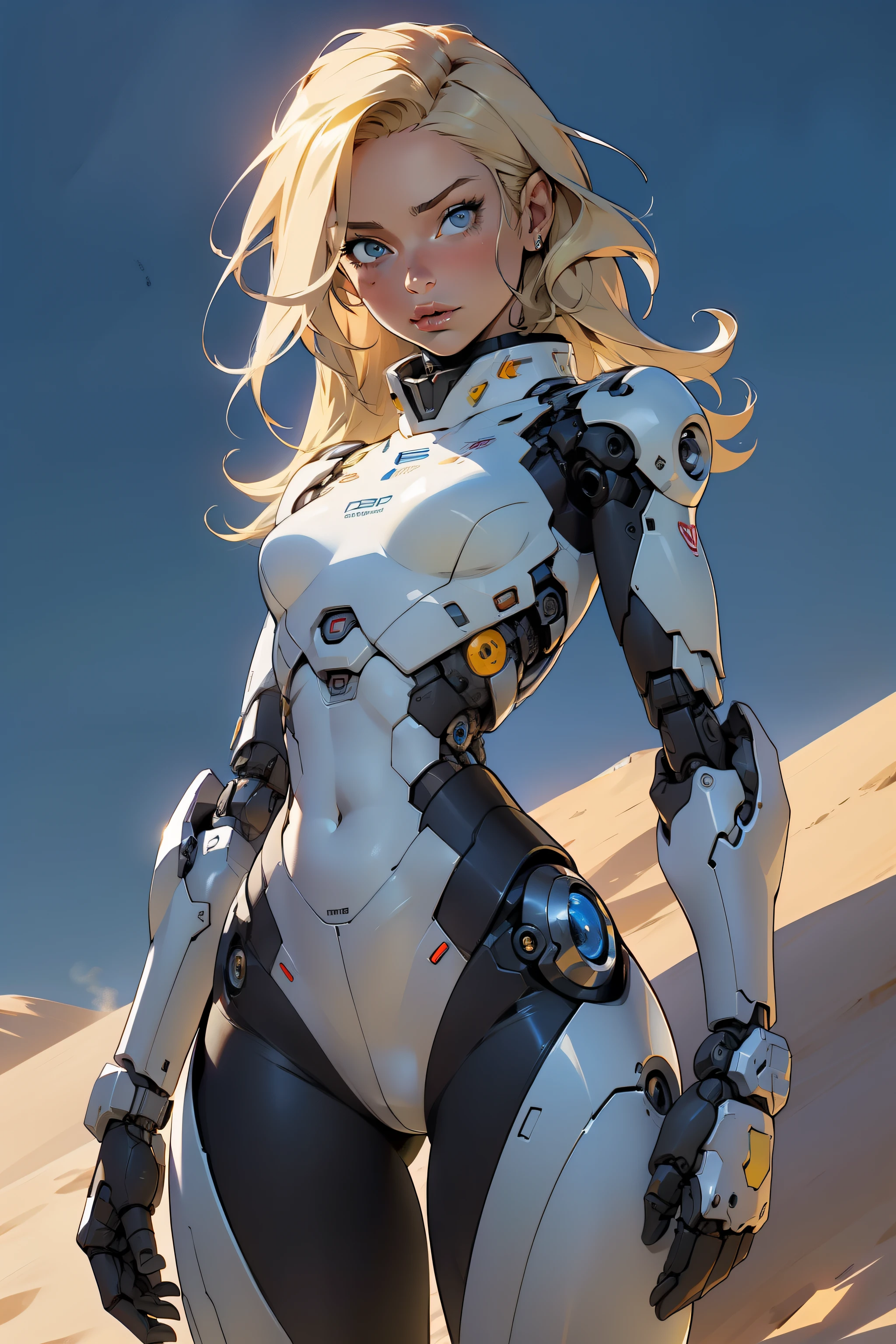 high quality, 4k, masterpiece, beautiful, cyborg girl, cowboy shot, dull eyes, looking at viewer, long blonde hair, girl, small breasts, fit thigh, robotic arms, robotic body, cyborg body, yellow accent, intricate detail, joint, detailed lines, robotic detail, holding fist up, holding hand up as fist, color robotic parts, robotic parts with color, perfect fingers, on a desert planet, sunny background, colorful desert,