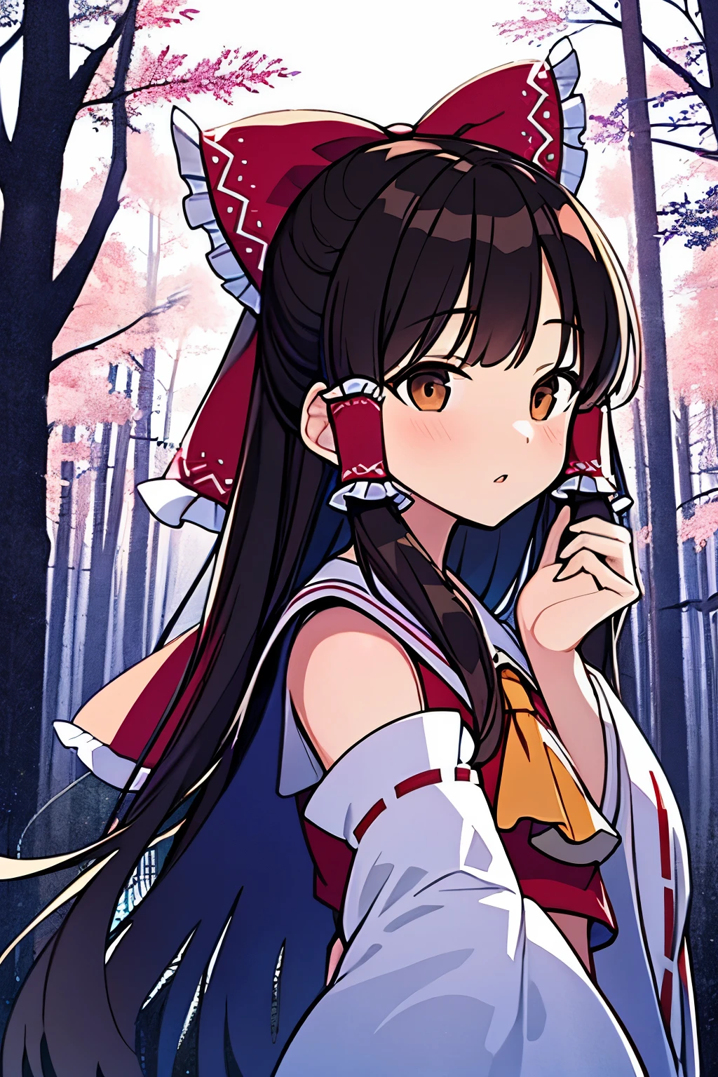 detailed background, masterpiece, best quality, 1girl, hakurei reimu, brown hair, hair tubes, hair ribbon, brown eyes, a forest full of purple and white trees, fireflies, purple theme, white theme, mystical, magical,