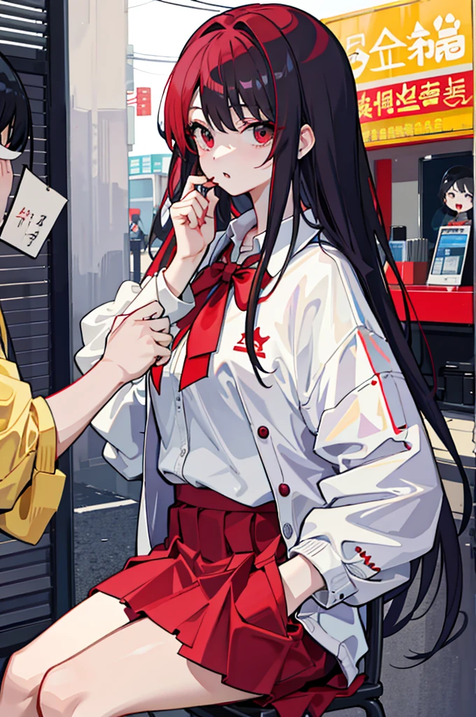 girl, , mature, 美丽's妻子,很长's头发, Bigchest,Be red in the face, putting makeup on,Revealing red skirt,high split ends,'lirt,coquettish, publicly exposed,highest quality,超高分辨率