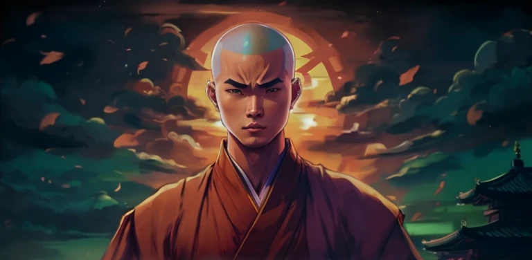 A man wearing a monk&#39;s costume stands in front of the sunset, avatar Aang, Aang, Inspired by Zhao Mengfu, Inspired by Luo Mu, The last airbender avatar, Monk concept art, Cyberpunk Zen Meditation, , Atla, Monks meditate, samsara, inspired by Lü Ji, inspired by Yang Buzhi