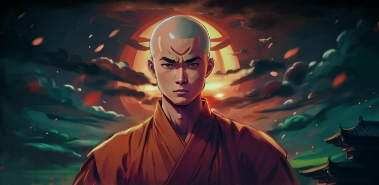 A man wearing a monk's costume stands in front of the sunset, avatar Aang, Aang, Inspired by Zhao Mengfu, Inspired by Luo Mu, The last airbender avatar, Monk concept art, Cyberpunk Zen Meditation, , Atla, Monks meditate, samsara, inspired by Lü Ji, inspired by Yang Buzhi