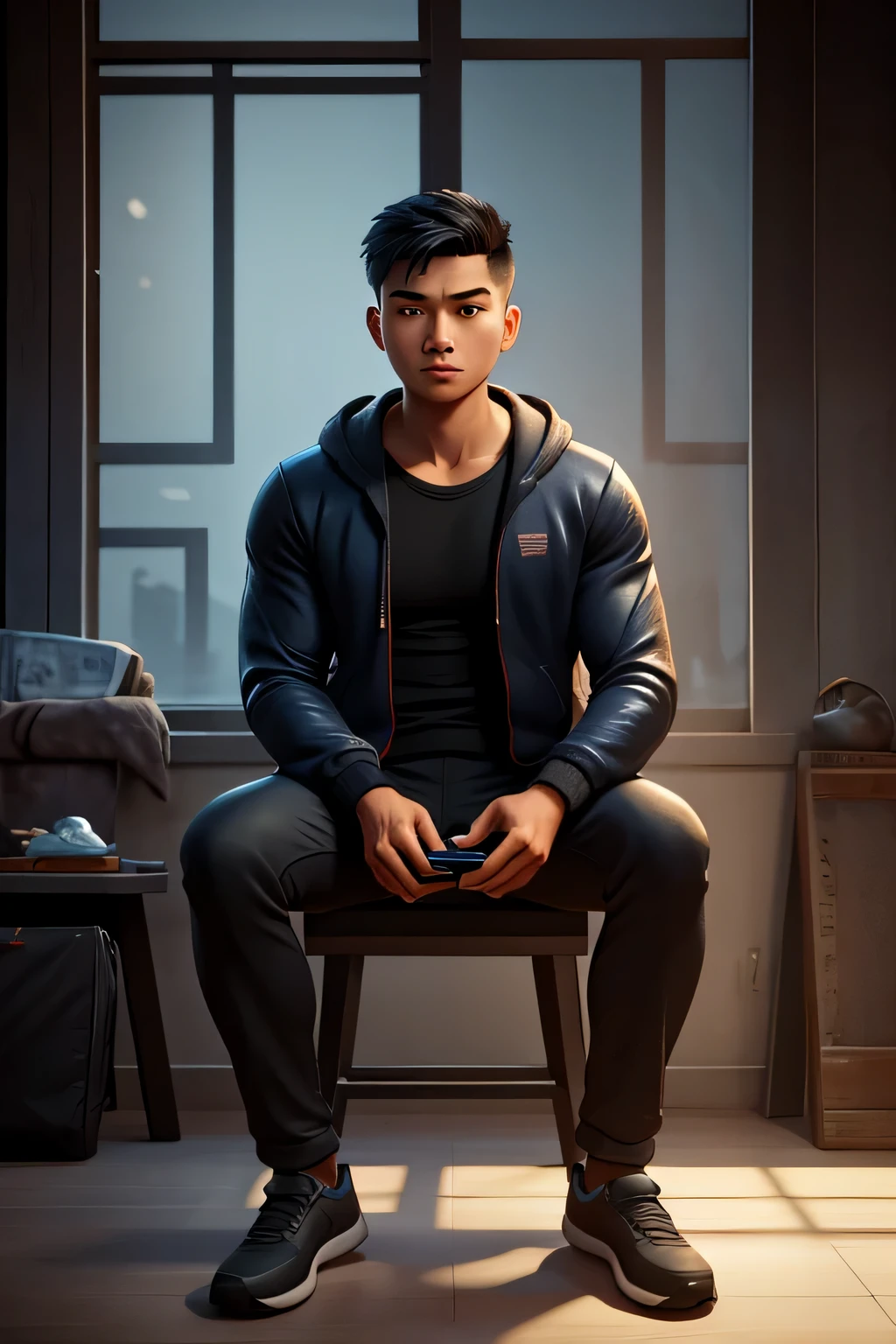 Handsome asian young man sits lonely in the gym, playing on his phone., perfect composition, beautiful detailed intricate insanely detailed octane render trending on artstation, 8 k artistic photography, photorealistic concept art, soft natural volumetric cinematic perfect light, chiaroscuro, award - winning photograph, masterpiece, oil on canvas, raphael, caravaggio, greg rutkowski, beeple, beksinski, giger