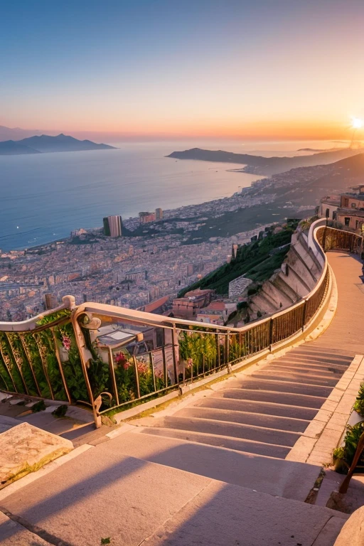 Italy　Naples　view from the top of the mountain　early evening　wavy orange clouds　very beautiful scenery　8K　Top image quality　​masterpiece