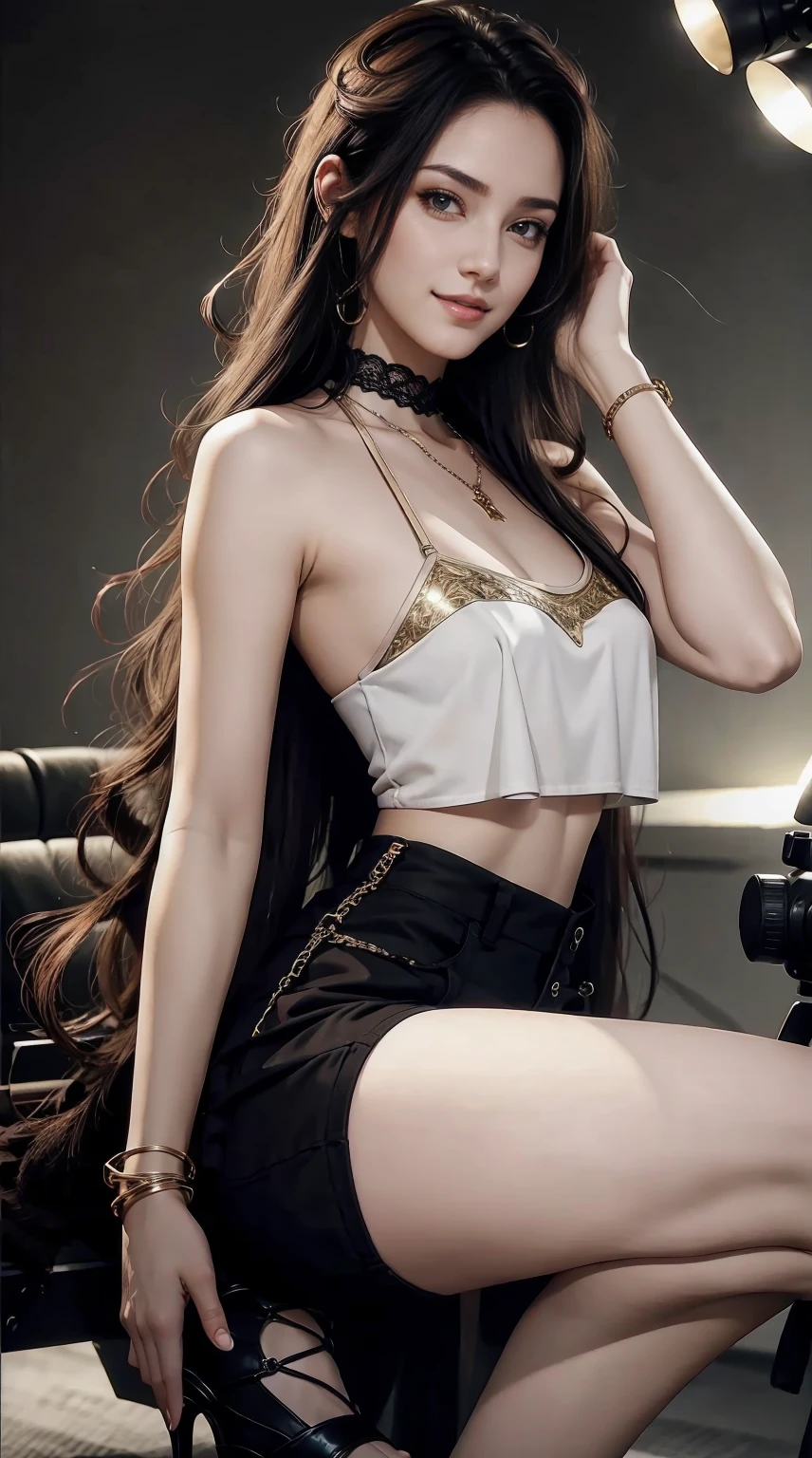 24-year-old woman、Hair color is black、Eye color is dark brown、Longhaire、Straight hair、Slender but well-proportioned muscular man、a smile、I'm wearing a necklace、accessories on wrist、wearing a sleeveless high neck top、I'm wearing high heels、I'm wearing low rises、Being in a photography studio、a smile、wearing a lace choker