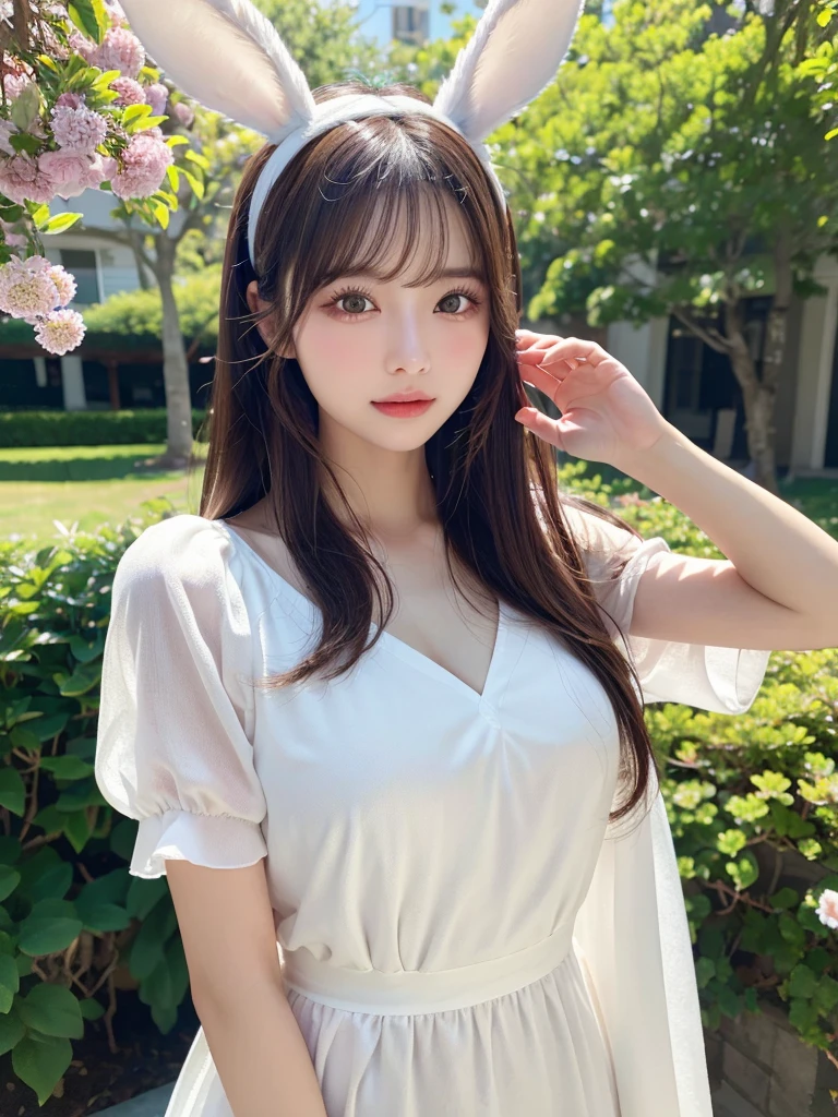 (Realistic, photo-Realistic:1.37), (masutepiece), (Best Quality:1.4), (超A high resolution:1.2),(Raw photo:1.2), 1girl in、femele、Wavy black hair、shorth hair、bluntbangs、green colored eyes、White Bunny Girl,rabbit ear headband,maikurobikini,wear,finely eye and detailed face、8k wallpaper、intricate-detail、BREAK、kaleidoscope background、Symmetrical pattern、vivd colour、Geometric shapes、mesmerizing designs、optical 、ダイナミックコンポジションBREAKは、pantomime art、expressive body language、Active Pose,Quiet storytelling、evocative gestures、 visual narratives、演劇BREAK、blooming flowers、The scent of colorful petals、nature's bounty、vibrant gardens、Tranquil landscape,full body Esbian,Ultra-detailed fingers