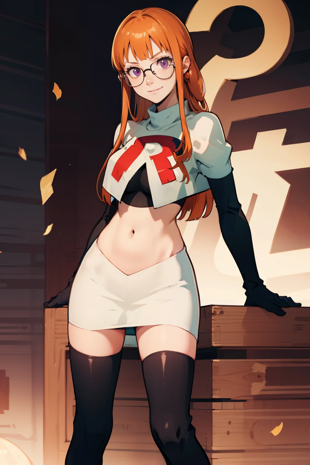 futaba sakura, orange hair, long hair, purple eyes, glasses, team rocket, team rocket uniform, red letter R, white skirt, white crop top, black thigh-highs boots black elbow gloves, evil face, evil smile