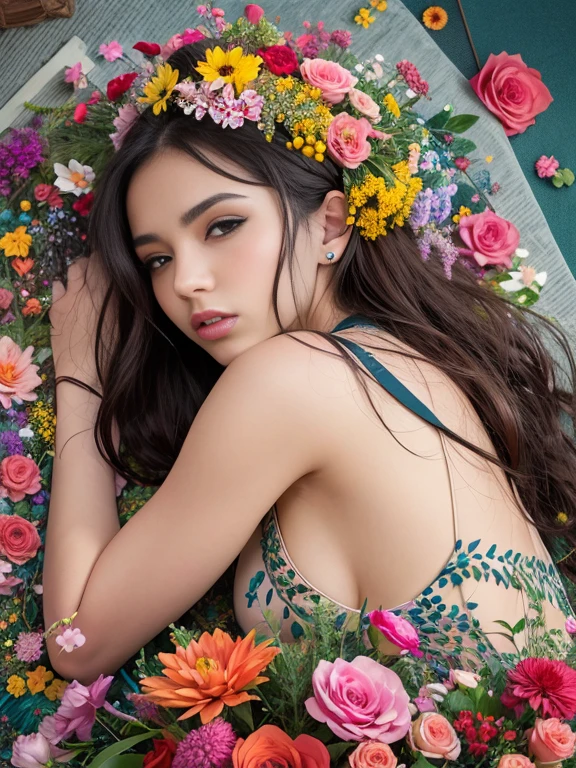 a woman laying on a bed of flowers with her hands on her hips, covered in flowers, girl in flowers, wrapped in flowers, covered with flowers, flower goddess, girl in a bed of flowers, woman in flowers, full of flowers, official artwork, isabela moner, dressed in a flower dress, portrait of demi rose, fanart