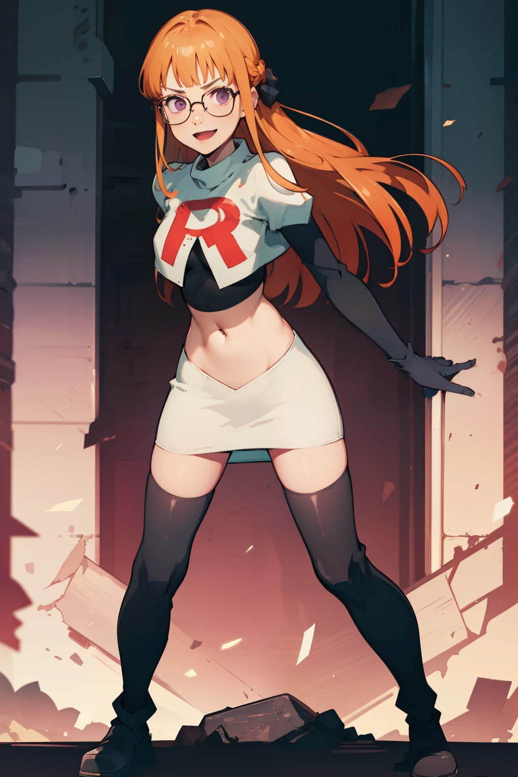 futaba sakura, orange hair, long hair, purple eyes, glasses, team rocket, team rocket uniform, red letter R, white skirt, white crop top, black thigh-highs boots black elbow gloves, evil face, evil smile