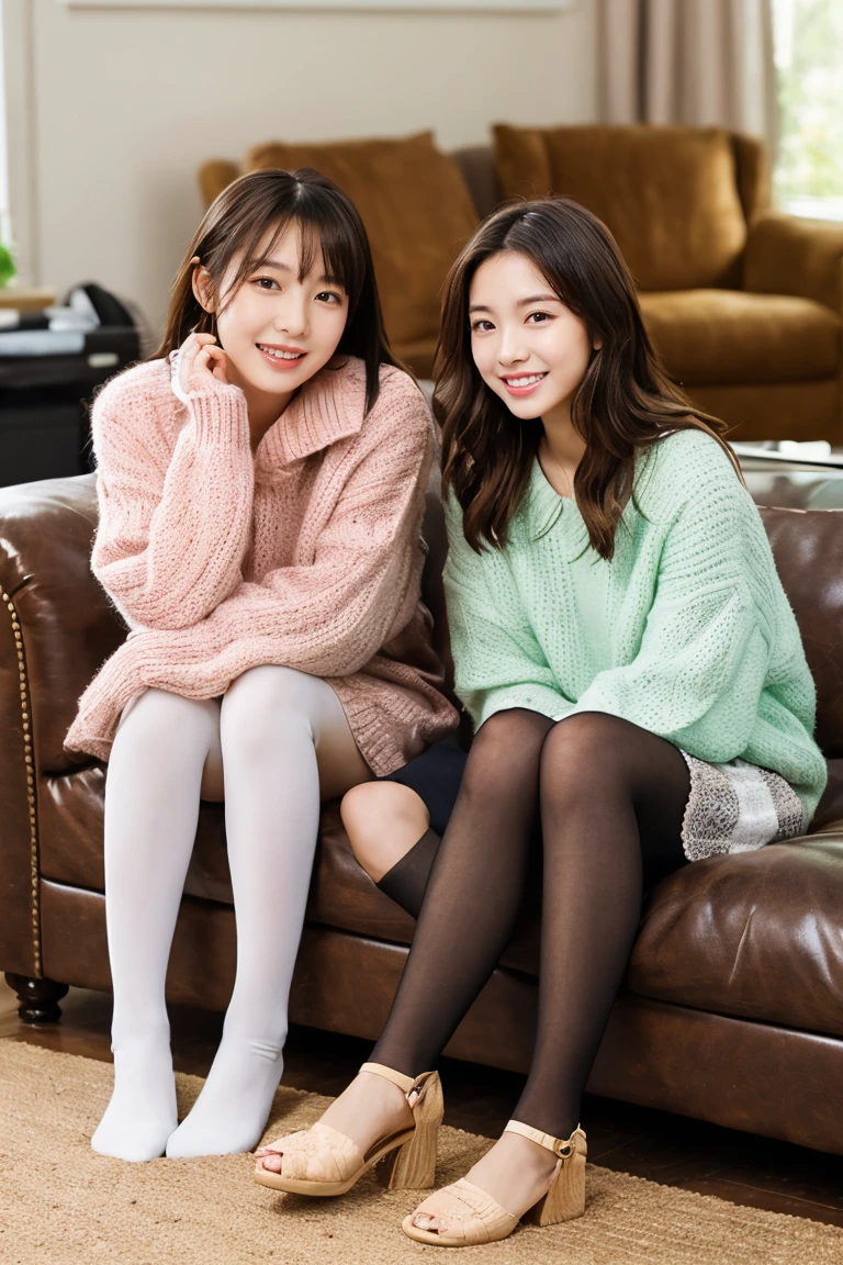 Two beautiful girls wearing argyle sweaters、Wool skirt、14years、A dark-haired、Short Bob、Long straight hair、Bun hair、livingroom、Relaxed look、wool tights、