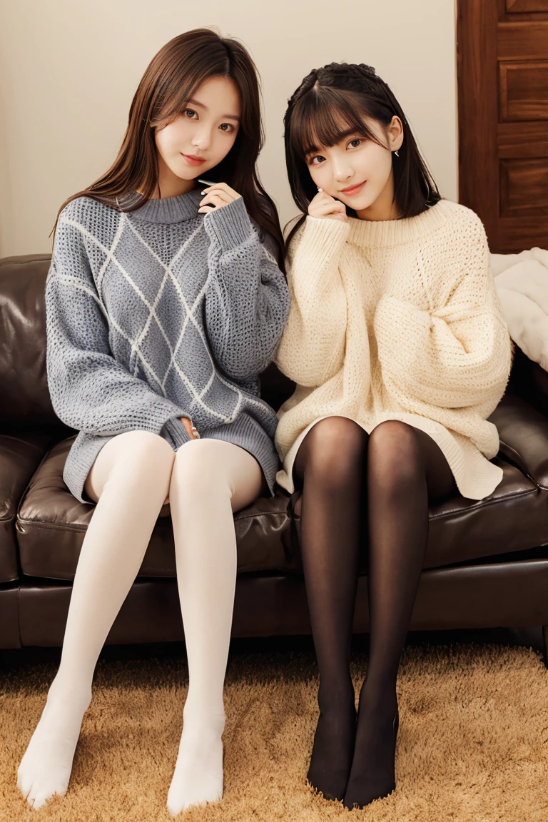 Two beautiful girls wearing argyle sweaters、Wool skirt、years、A dark-haired、Short Bob、Long straight hair、Bun hair、livingroom、Relaxed look、wool tights、