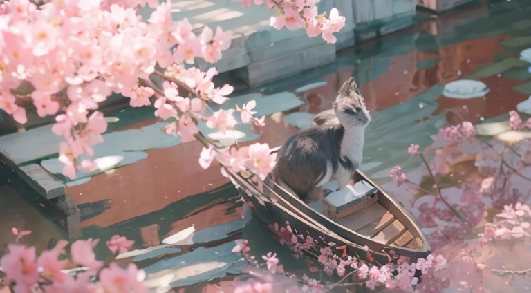 complete ancient style，人物，small boats，waterface，Falling flowers