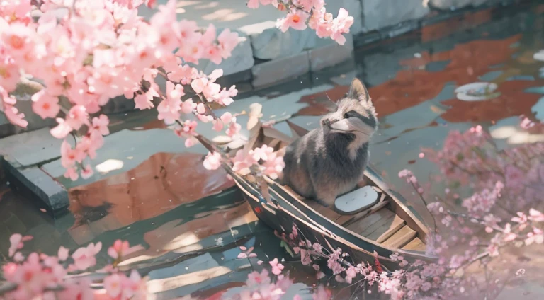 complete ancient style,人物,small boats,waterface,Falling flowers
