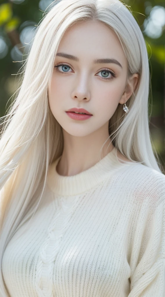 A portrait of a beautiful woman standing in dark, green eyes, wearing white sweater, pale skin, smooth pale skin, nice face, white hair, detailed hair, super detailed, 8k