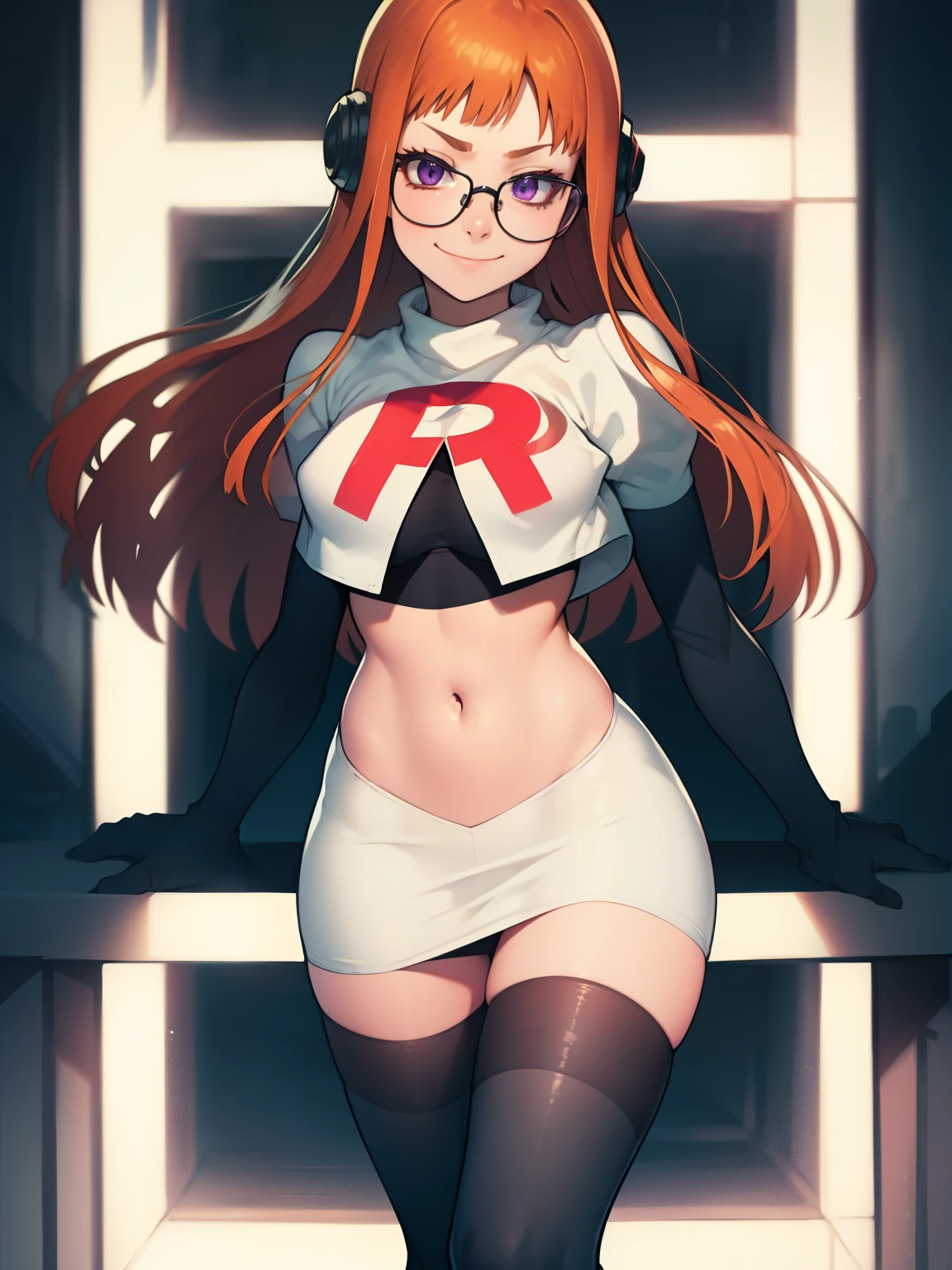 futaba sakura, orange hair, long hair, purple eyes, glasses, team rocket, team rocket uniform, red letter R, white skirt, white crop top, black thigh-highs boots black elbow gloves, evil face, evil smile