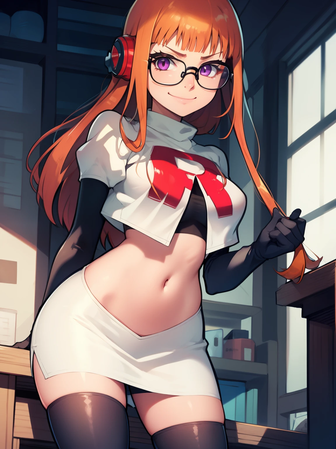 futaba sakura, orange hair, long hair, purple eyes, glasses, team rocket, team rocket uniform, red letter R, white skirt, white crop top, black thigh-highs boots black elbow gloves, evil face, evil smile