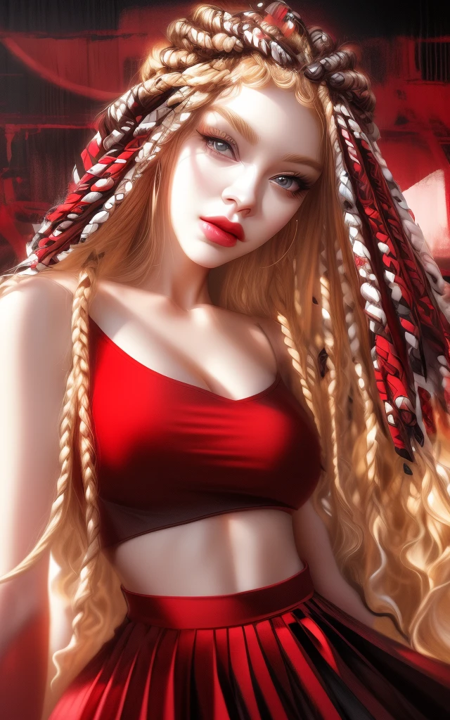 a woman with long blonde hair wearing a red skirt and black top, trending on artstration, beautiful digital artwork, stunning art style, beautiful artwork, high quality portrait, high quality digital painting, black art, stunning artwork, realistic digital art 4 k, realistic digital art 4k, girl fanart, gorgeous art, realistic artstyle, high quality 16k digital art