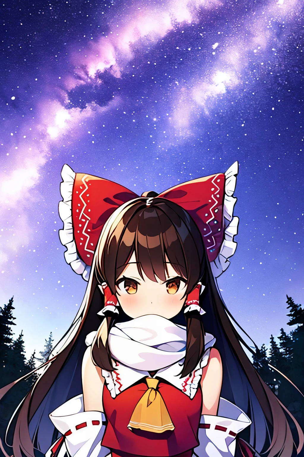 detailed background, masterpiece, best quality, 1girl, hakurei reimu, brown hair, hair tubes, hair ribbon, brown eyes, a forest full of purple and white trees, fireflies, purple theme, white theme, stars, milky way, cloud
