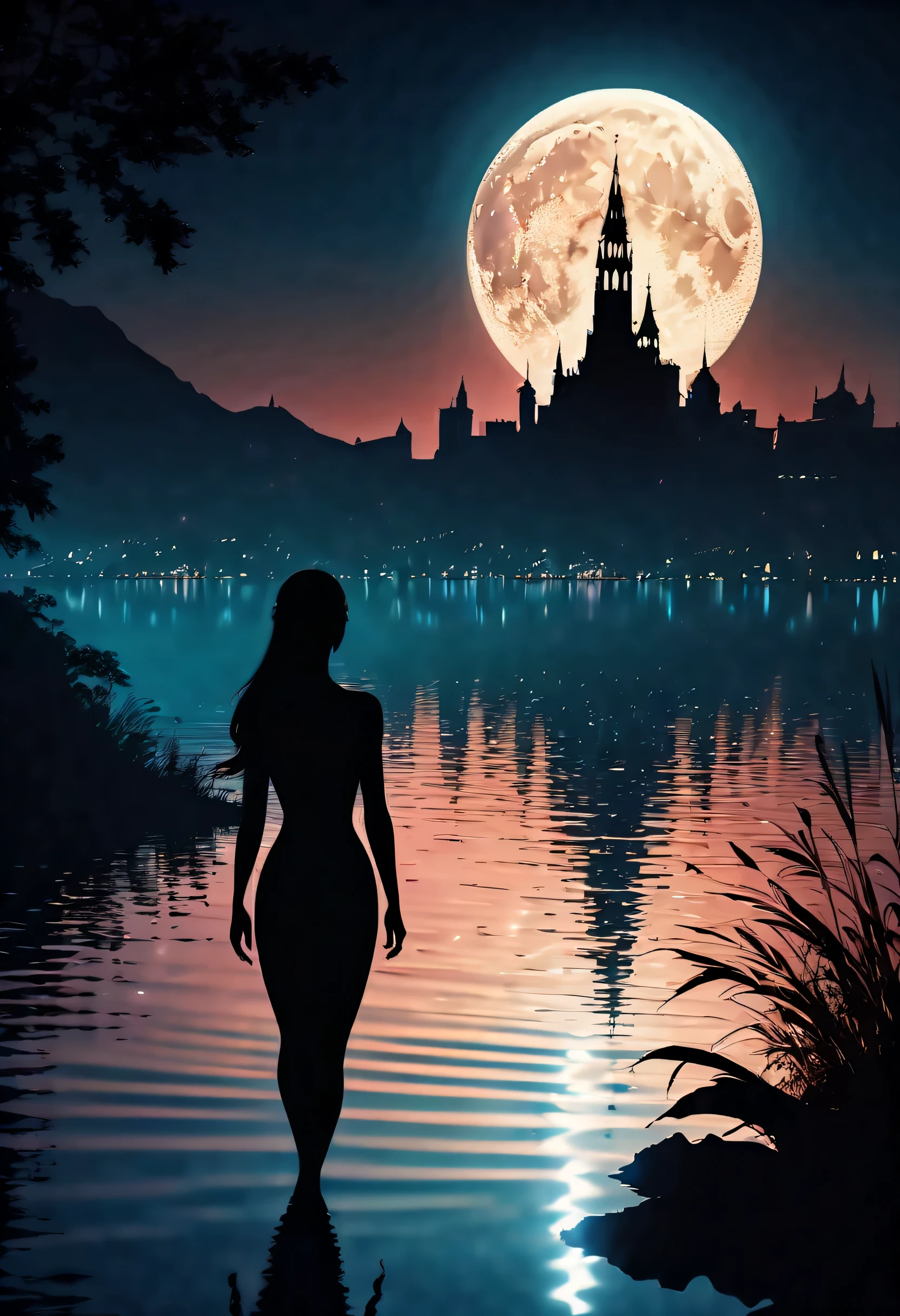 Night view, Cinematic Angle, (((You can see the city under the lake water:1.3))), eternal fantasy, (((Silhouette woman on the lake:1.3))), Waning Moon, Unparalleled sharpness and clarity, (((Radiosity rendered in stunning 32K resolution:1.3))), All captured with sharp focus, Highest Quality, hightquality, Best Quality, 最hightqualityの, absurd detail rendering, Magnificent. A solemn night. Vector image,