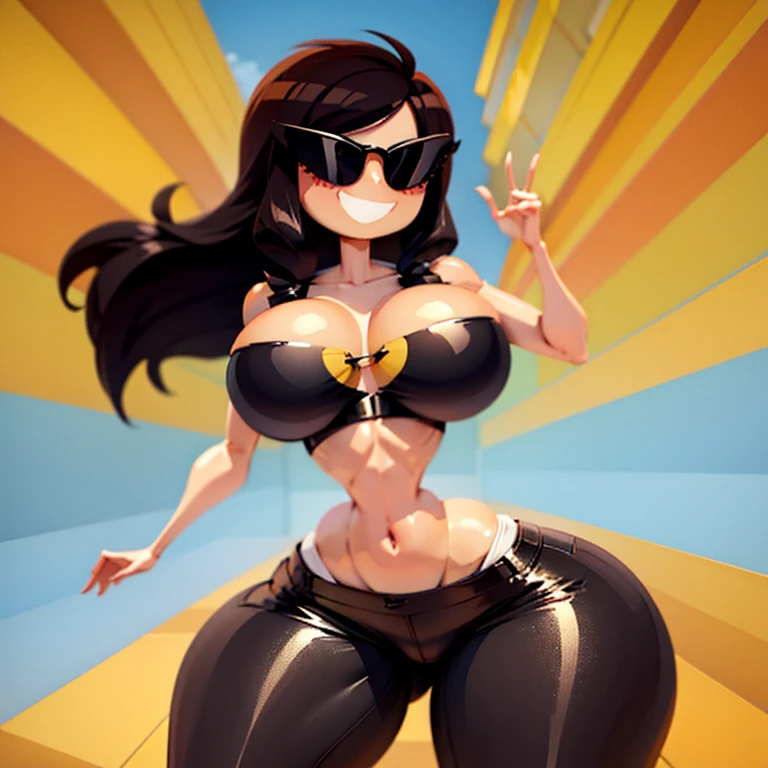 sunnification, chocovenus, 1girl, solo, breasts, sunglasses, smile, thighs, curvy, wide hips, narrow waist