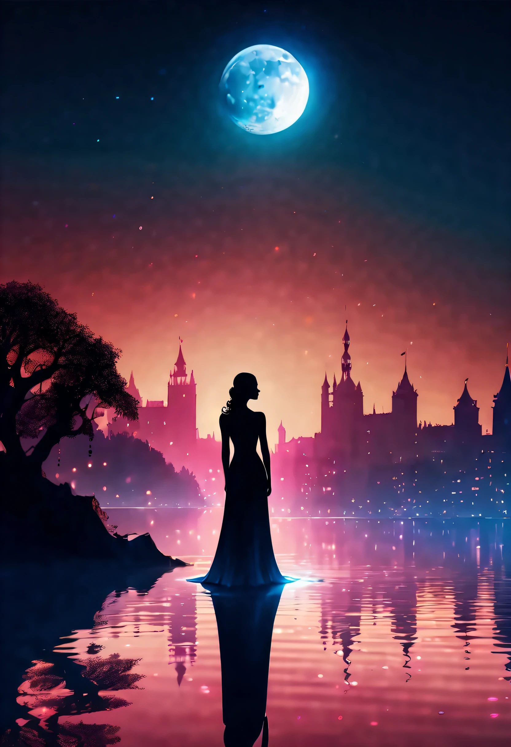 Night view, Movie angle, (((You can see the city under the lake water:1.3))), eternal fantasy, (((Silhouette woman with crystal piano on the lake:1.3))), Waning Moon, Unmatched clarity and clarity, (((Radiosity rendered in stunning 32K resolution:1.3))), Everything is captured so clearly, 最high quality, high quality, 最high quality, 最high quality, Unreasonable Detail Rendering, grow. A solemn night. Vector graphics,