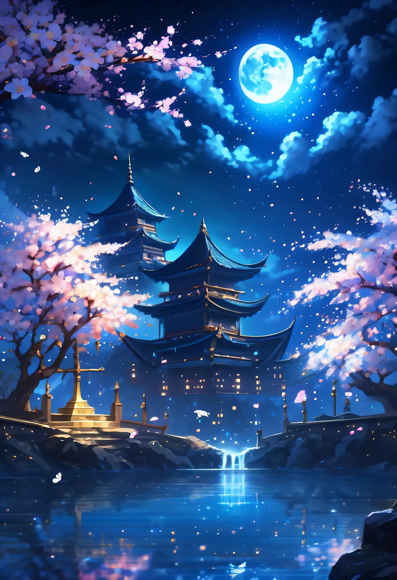 Night view, Dark fantasy cityscape, crescent, Create an epic dark fantasy atmosphere, confuse the light of truth, The brilliance of countless star fragments, justice and stupidity, At a blinking distance, Fragments of the disappeared star are scattered, Light and Darkness, nightmarish wolf, Elegant in any atmosphere, fusion of spring and winter, Cherry blossom snowstorm with freezing movements, golden ratio harmony,