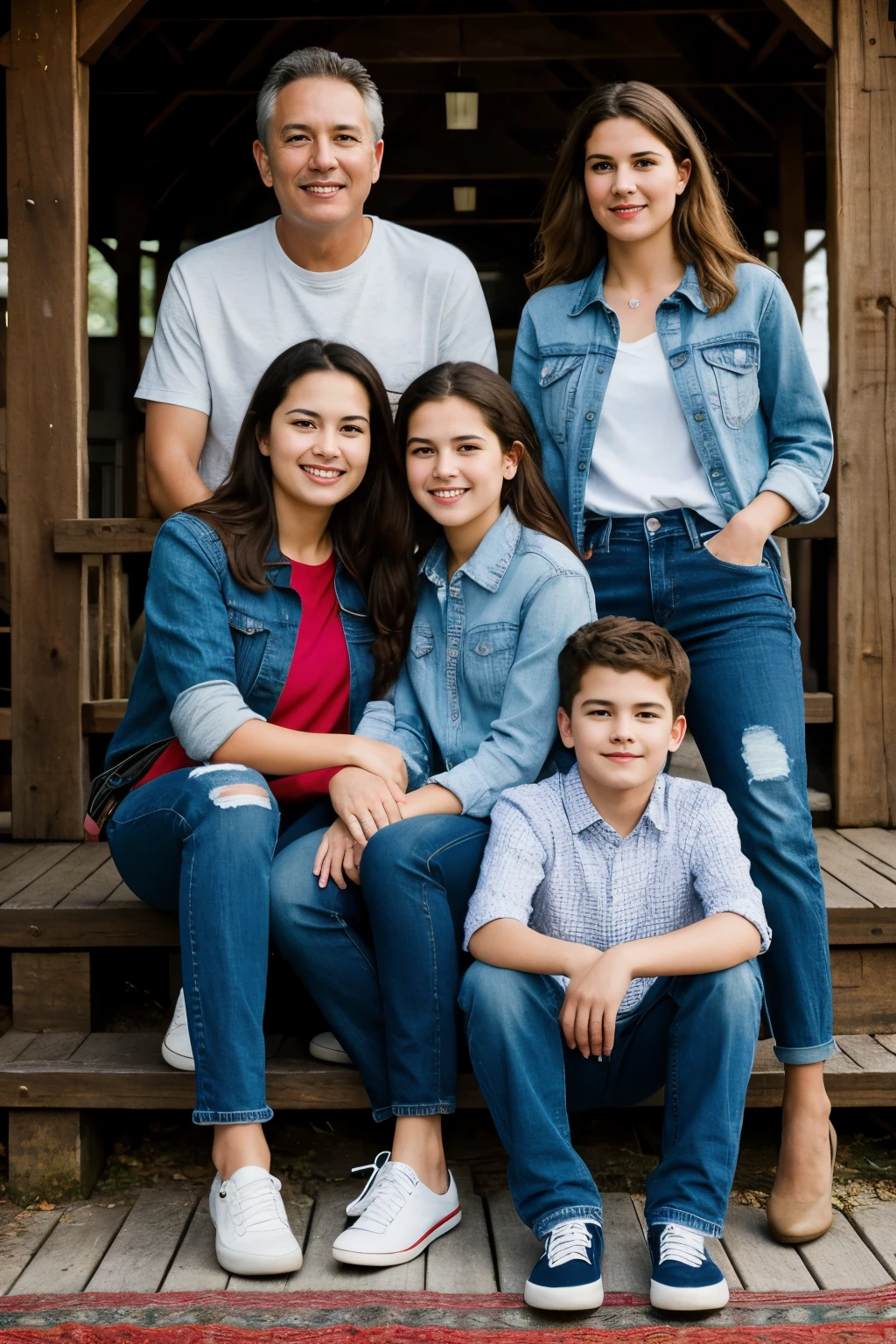 hyper ultra realistic photographs of a ((best quality)), ((masterpiece)), (detailed), perfect face, ultra realistic family portrait, torn jeans, 1-man 48yo, 1-woman 47yo, 1-boy 18yo, 1-girl 12yo, 1-boy 8yo, Esthetic. ratio 16:9, 4k, 8k resolution, High quality photo, high detailed images