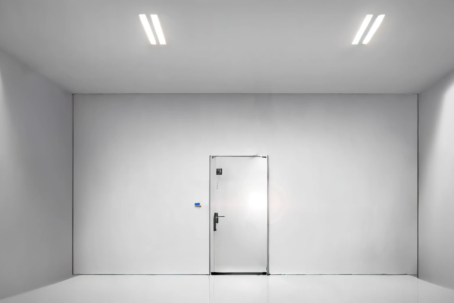 (Pure White room:1.5),illumination light in room, Soft lighting , photo pinterest, white walled room with futuristic door, (no people:1.5, Large dark room,darkness,