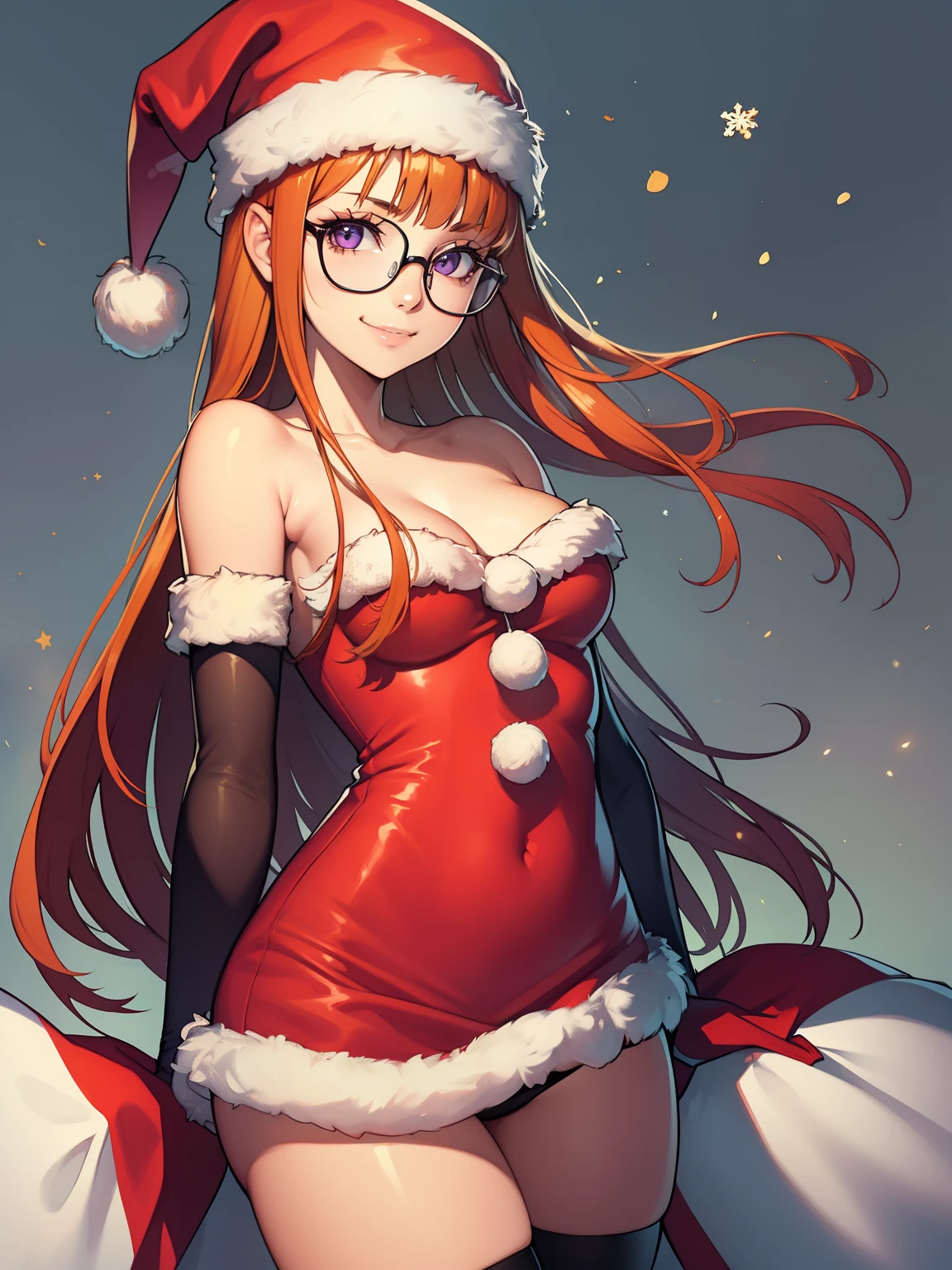 1girl, solo, masterpiece, best quality, high res, highly detailed, (illustration), beautiful detailed eyes, futaba sakura, orange hair, long hair, purple eyes, glasses, ,glossy lips, makeup, smile, long white elbow gloves, cowboy shot, (santa), red santa dress, santa hat, strapless dress, white elbow gloves