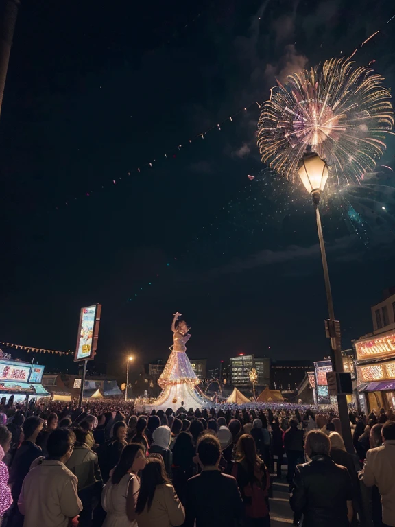 (best quality,4k,8k,highres,masterpiece:1.2),ultra-detailed,(realistic,photorealistic,photo-realistic:1.37),new year celebration in 2024,lively atmosphere,colorful fireworks exploding in the sky,sparkling lights illuminating the scene,people gathered in a city square,cheerful faces with smiles of joy,children playing with glow sticks and confetti,one girl holding a bunch of heart-shaped balloons,another girl twirling around in a beautiful party dress,spectacular display of lights dancing to the rhythm of music,shimmering streamers hanging from lamp posts,enormous digital countdown clock projecting the time left until midnight,bustling food stalls and carnival games,visitors taking photos and capturing memories with their smartphones,decorative New Year banners and ribbons adorning the streets,festive mood enhanced by vibrant colors and joyful atmosphere,grand stage with live performances and energetic dancers,brilliantly lit skyscrapers forming a breathtaking backdrop,night sky painted in hues of purple,blue,green,and gold,flares of light painting streaks across the dark canvas,gentle breeze carrying the scent of celebration,soft glow of street lamps casting a warm and inviting ambiance,a moment frozen in time,marking the beginning of a new, exciting chapter.
