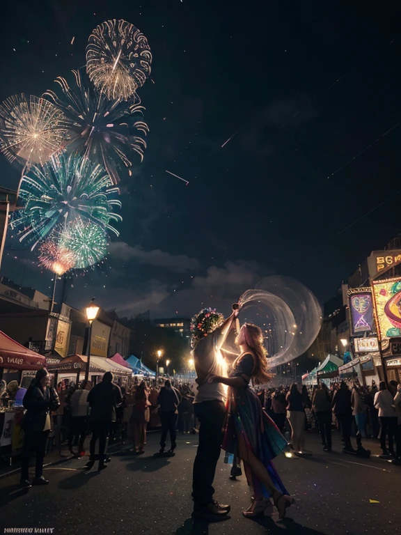 (best quality,4k,8k,highres,masterpiece:1.2),ultra-detailed,(realistic,photorealistic,photo-realistic:1.37),new year celebration in 2024,lively atmosphere,colorful fireworks exploding in the sky,sparkling lights illuminating the scene,people gathered in a city square,cheerful faces with smiles of joy,children playing with glow sticks and confetti,one girl holding a bunch of heart-shaped balloons,another girl twirling around in a beautiful party dress,spectacular display of lights dancing to the rhythm of music,shimmering streamers hanging from lamp posts,enormous digital countdown clock projecting the time left until midnight,bustling food stalls and carnival games,visitors taking photos and capturing memories with their smartphones,decorative New Year banners and ribbons adorning the streets,festive mood enhanced by vibrant colors and joyful atmosphere,grand stage with live performances and energetic dancers,brilliantly lit skyscrapers forming a breathtaking backdrop,night sky painted in hues of purple,blue,green,and gold,flares of light painting streaks across the dark canvas,gentle breeze carrying the scent of celebration,soft glow of street lamps casting a warm and inviting ambiance,a moment frozen in time,marking the beginning of a new, exciting chapter.