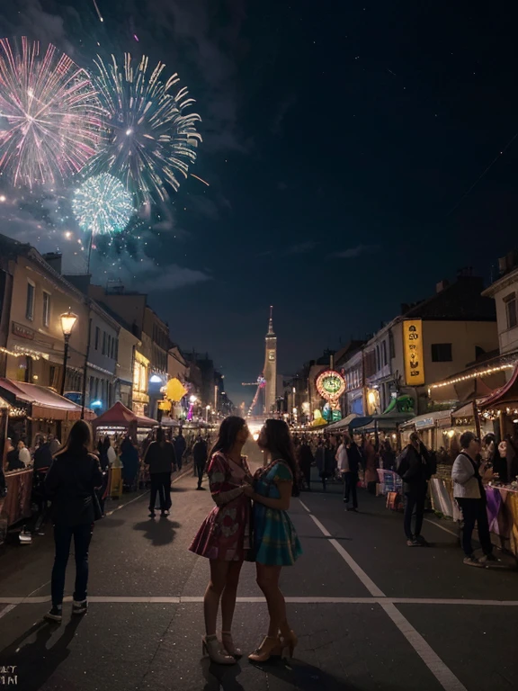 (best quality,4k,8k,highres,masterpiece:1.2),ultra-detailed,(realistic,photorealistic,photo-realistic:1.37),new year celebration in 2024,lively atmosphere,colorful fireworks exploding in the sky,sparkling lights illuminating the scene,people gathered in a city square,cheerful faces with smiles of joy,children playing with glow sticks and confetti,one girl holding a bunch of heart-shaped balloons,another girl twirling around in a beautiful party dress,spectacular display of lights dancing to the rhythm of music,shimmering streamers hanging from lamp posts,enormous digital countdown clock projecting the time left until midnight,bustling food stalls and carnival games,visitors taking photos and capturing memories with their smartphones,decorative New Year banners and ribbons adorning the streets,festive mood enhanced by vibrant colors and joyful atmosphere,grand stage with live performances and energetic dancers,brilliantly lit skyscrapers forming a breathtaking backdrop,night sky painted in hues of purple,blue,green,and gold,flares of light painting streaks across the dark canvas,gentle breeze carrying the scent of celebration,soft glow of street lamps casting a warm and inviting ambiance,a moment frozen in time,marking the beginning of a new, exciting chapter.