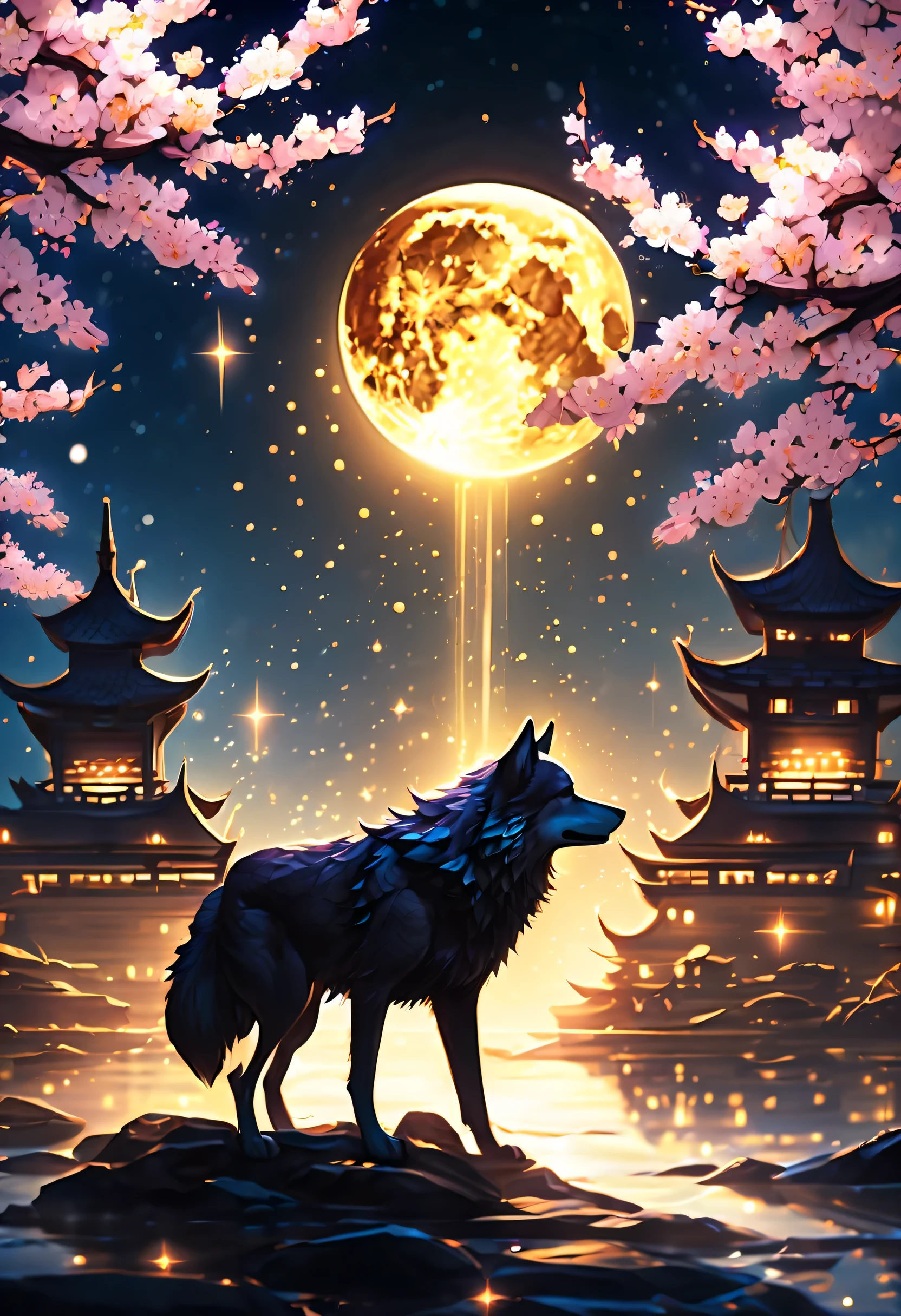 Night view, Dark fantasy cityscape, crescent, Create an epic dark fantasy atmosphere, confuse the light of truth, The brilliance of countless star fragments, justice and stupidity, At a blinking distance, Fragments of the disappeared star are scattered, Light and Darkness, nightmarish wolf, Elegant in any atmosphere, fusion of spring and winter, Cherry blossom snowstorm with freezing movements, golden ratio harmony,