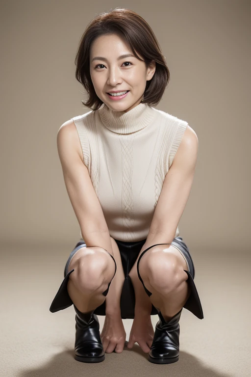 masutepiece,Best Quality, (Maam. clerk:1), ((Portrait:1.3)), cross arms，Large room，Chest Straight， Smile，Deep V Color，long white legs，Plain transparent sandals，Skin hyper detail，Clear pores，in a panoramic view，cocked ass，No Underwear，Beautiful young Japan woman over 45 years old,  Perfect face, Fantastic appearance,  (detailed facial features),  Clean and nice face，