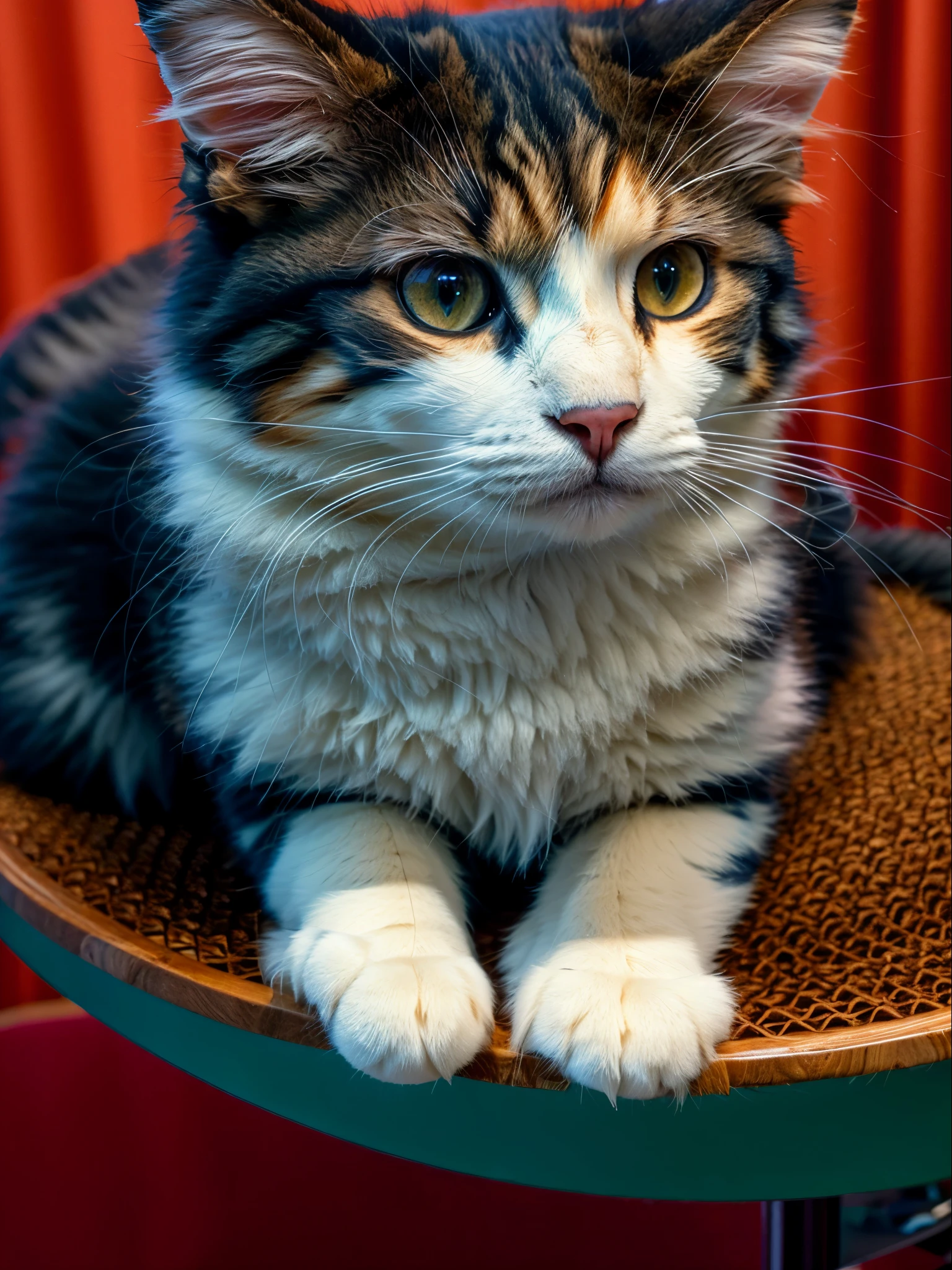 (8K, Raw photography, Best Quality, masterpiece: 1.2), high-definition RAW color photography, Professional Photography, Realistic coat,Norwegian Forest cat,modern office, business suit, sitting at a desk, front angle view
