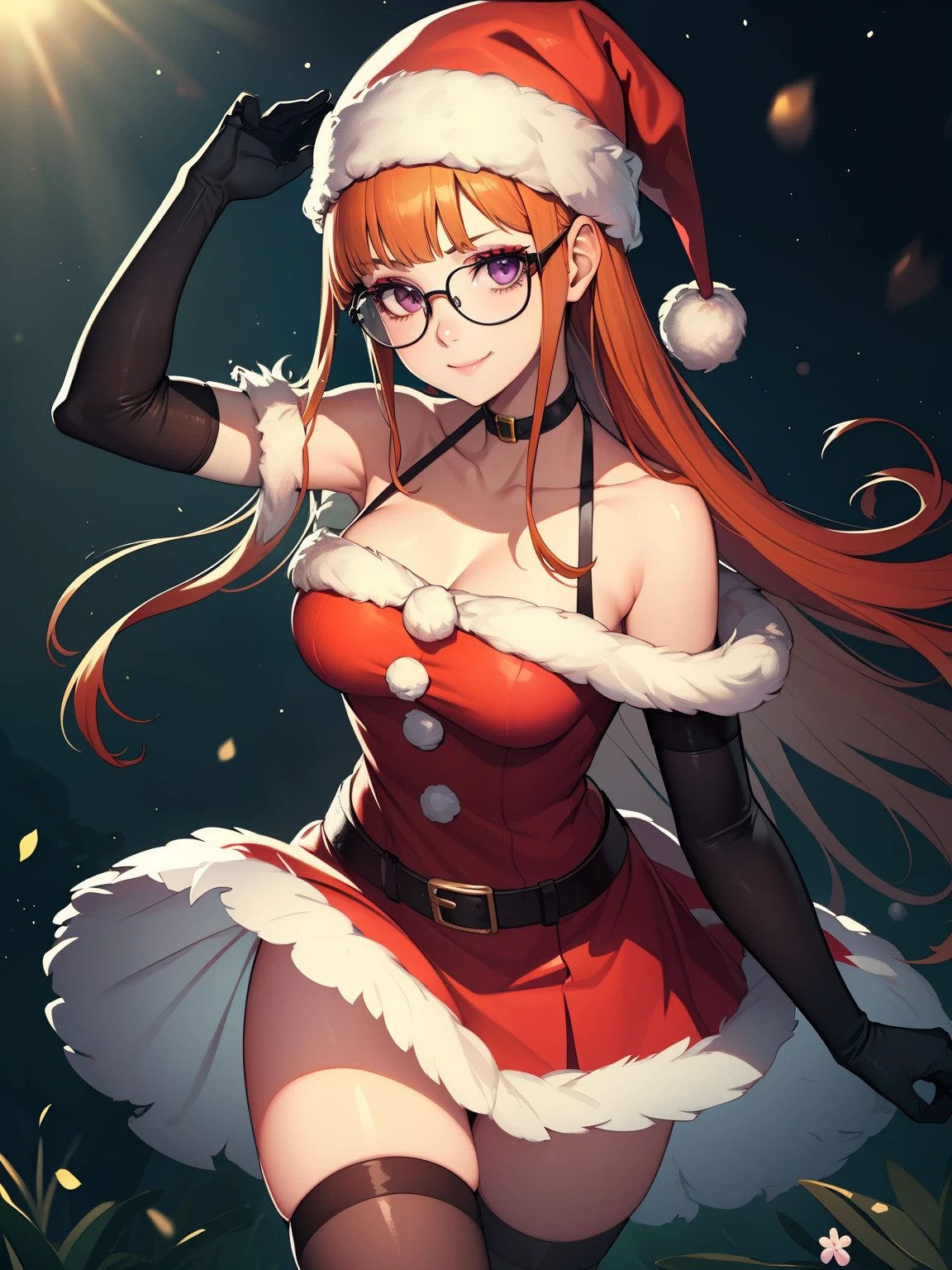 1girl, solo, masterpiece, best quality, high res, highly detailed, (illustration), beautiful detailed eyes, futaba sakura, orange hair, long hair, purple eyes, glasses, ,glossy lips, makeup, smile, long white elbow gloves, cowboy shot, (santa), red santa dress, santa hat, strapless dress, white elbow gloves