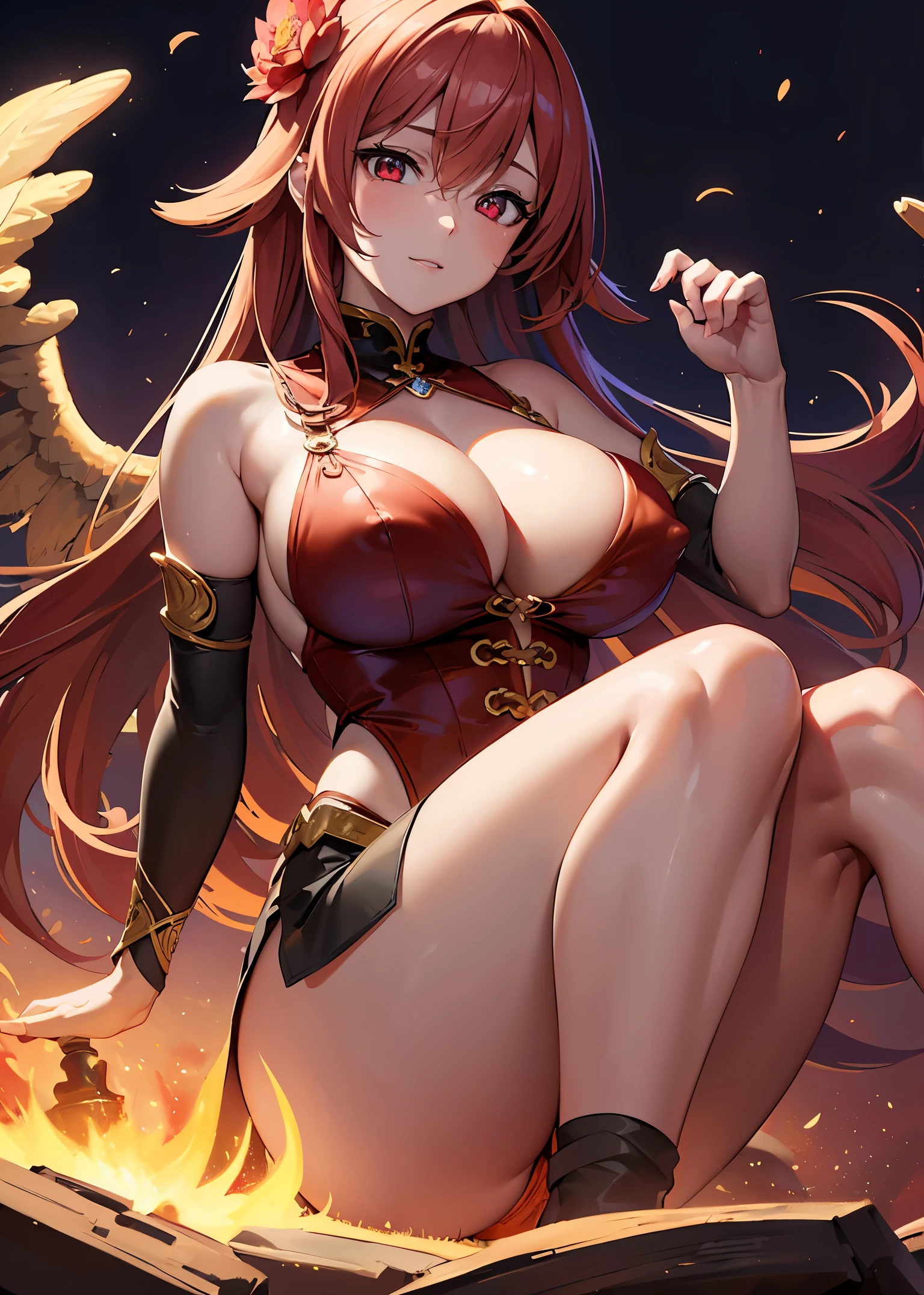 (best quality:1.2), a girl with Phoenix wings standing in a ring of fire, glowing red eyes, Phoenix, lotus flowers, red-gold pink, with a background of sunrise from the mountains. ((巨大なtits out、tits out、cleavage of the breast、Erect nipples show through、Erotic face)) 、best quality,4k,8k,highres,masterpiece:1.2,ultra-detailed,realistic:1.37, HDR,UHD,studio lighting,ultra-fine painting,sharp focus,physically-based rendering,extreme detail description,professional,vivid colors