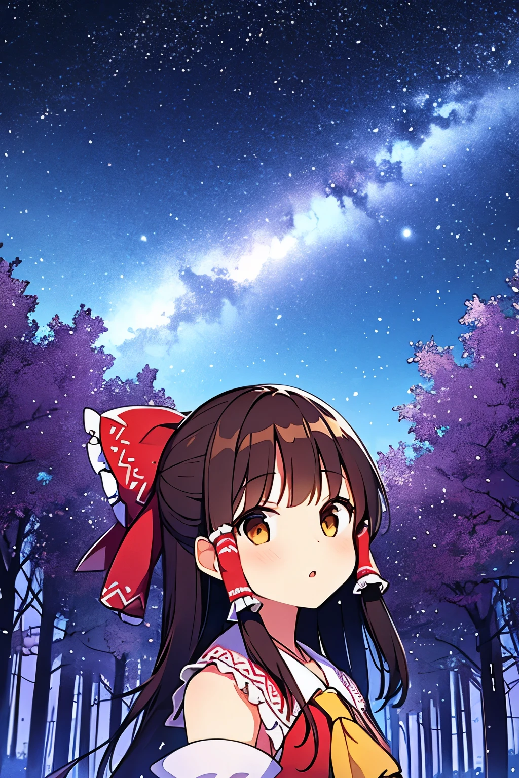 detailed background, masterpiece, best quality, 1girl, hakurei reimu, brown hair, hair tubes, hair ribbon, brown eyes, a forest full of purple and white trees, fireflies, purple theme, white theme, stars, milky way, cloud
