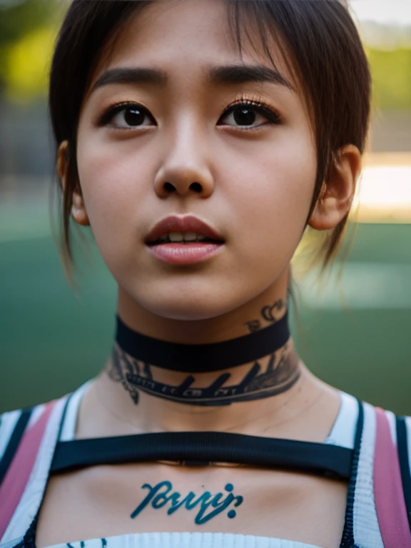 dramatic  lighting, sixteen years old, shorth hair, A detailed face, Detailed nose, woman wearing sports bra, collar or choker,tattooed, Sweating,the complex background