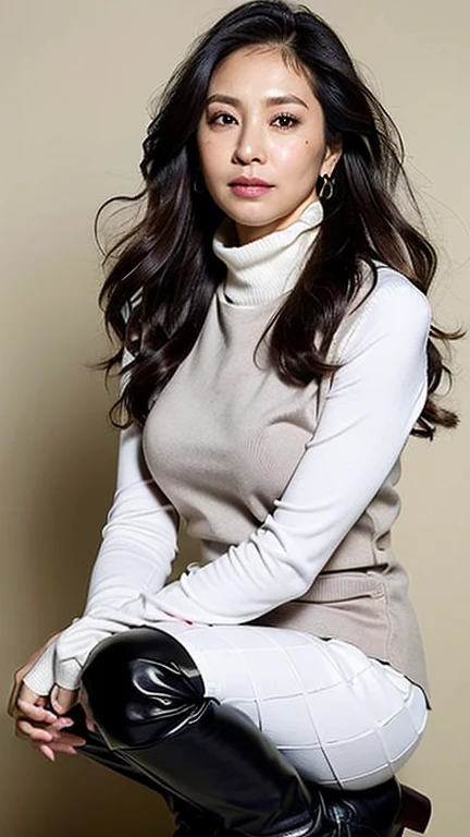 Best Quality, hight resolution, Hires, Skin definition, Detailed skin, Detailed eyes, Detailed face, 4K, 日本人A MILF, ((独奏)), (((50 years old))), (Wrinkles at the corners of the eyes:1.6), (nasolabial folds:1.3), A MILF, glamor, A sexy, Chromo-white skin, ((Wavy Longhair)), Looking at Viewer,(((my skin is old))), ((muscles are old)), (((A slender))), ((Saggy udder)), (Saggy buttocks), ((Japanese Models)), 4K, (photoRealistic:1.5), Realistic, nffsw, Beautiful, Bimbo, Perfect makeup, small diamond necklace, piercings, ((Brown coat, White turtleneck sweater, sleeveless, Argyle pattern pleated skirt, Black long boots )), ssmile, Public places,