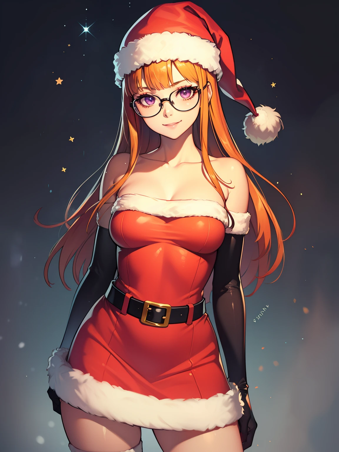 1girl, solo, masterpiece, best quality, high res, highly detailed, (illustration), beautiful detailed eyes, futaba sakura, orange hair, long hair, purple eyes, glasses, ,glossy lips, makeup, smile, long white elbow gloves, cowboy shot, (santa), red santa dress, santa hat, strapless dress, white elbow gloves