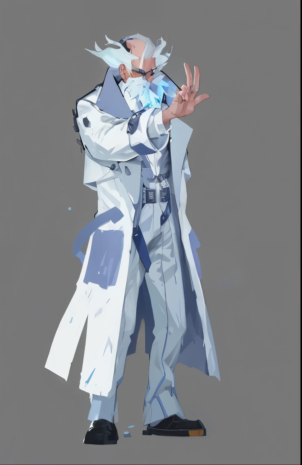 1人，Full body standing painting，hyper-high detail，bearded male，lamplight，Wearing a gorgeous white coat suit，Manteau blanc，the doctor，Old age，Cover the tablet，the scientist，Mechanic body，without background，Hand override，